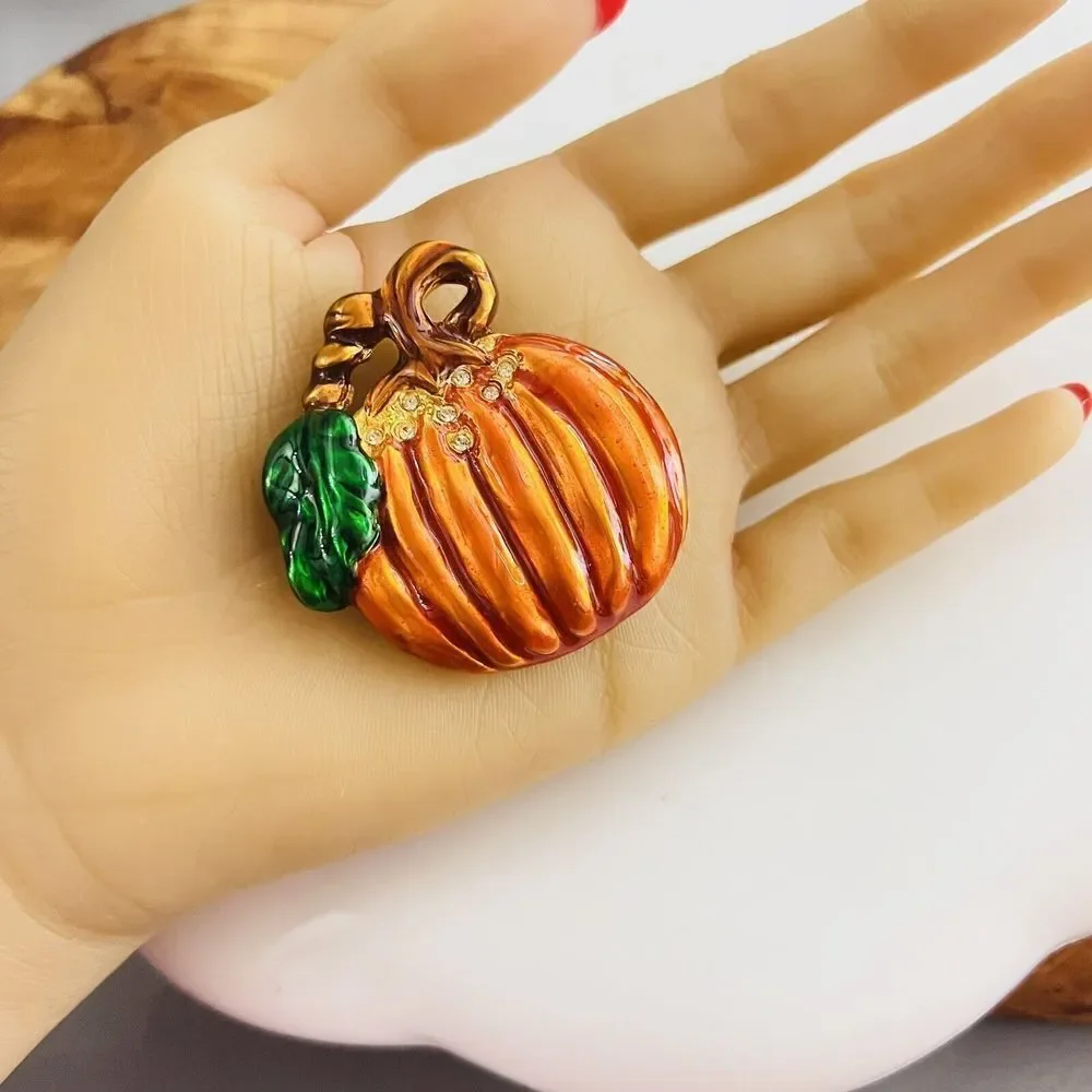 Vintage Brooch Pumpkin Thanksgiving Gold Orange Rhinestone Large Holiday 4355
